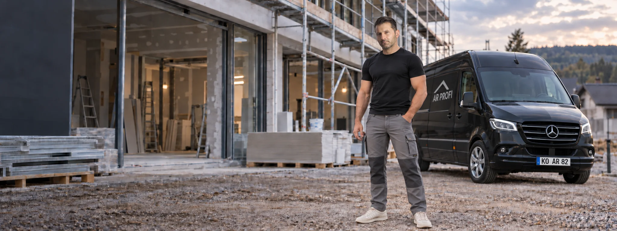 Rafal Antonowicz vor einer Baustelle mit schwarzem AR Profi Mercedes Sprinter